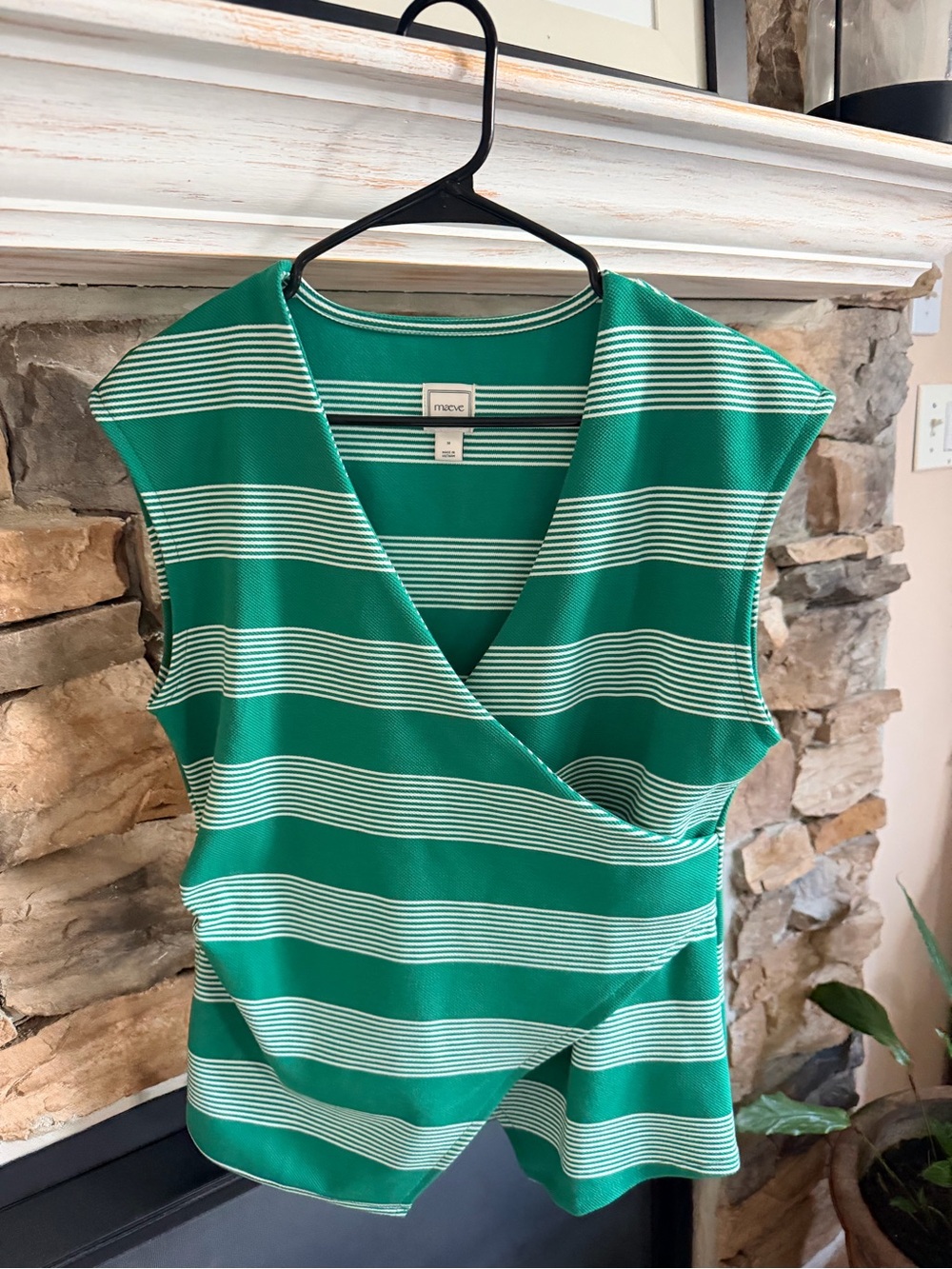 Maeve Green and White Striped Sleeveless Wrap Tank